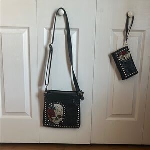 Black Studded Skull and Rose Crossbody Bag